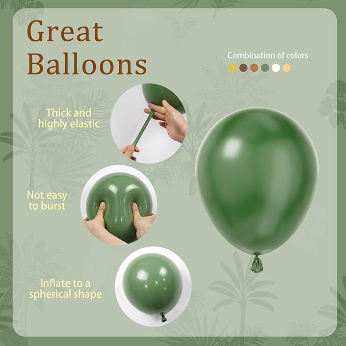 BAUANOOY Green and Brown Balloons, 60pcs 12 Inch Safari Balloons with Sage Green Brown Nude Metallic Gold Latex Balloon for Jungle Forest Baby Shower Birthday Party Decorations