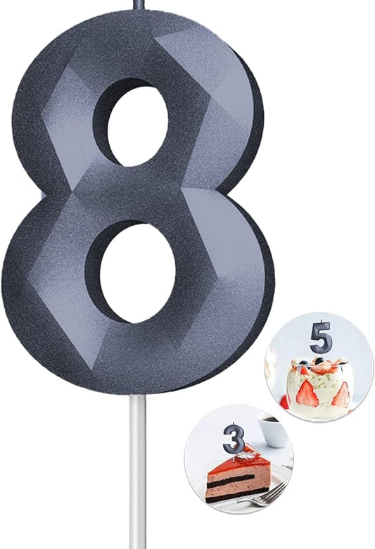 Number Birthday Candles(8 Candle Black) 3D Diamond Shape 8th Happy Birthday Cake Topper Decorations for Boy Men Birthday Wedding Anniversary Celebration Theme Party Supplies