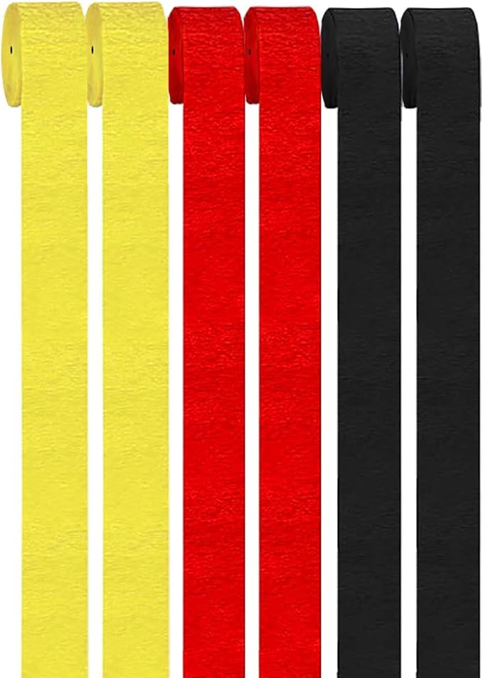 Black Red and Yellow Crepe Paper Streamers 1.8 Inch 6 Rolls Party Decorations,a roll of 82ft Per Volume for Birthday Party Decoration