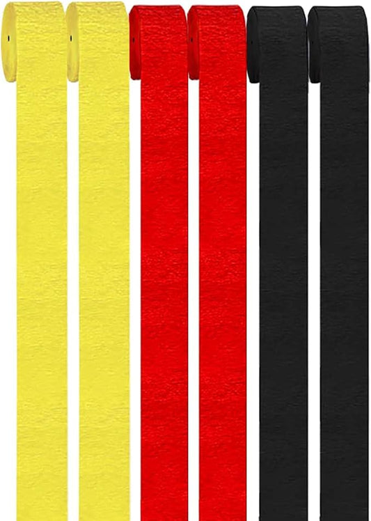 Black Red and Yellow Crepe Paper Streamers 1.8 Inch 6 Rolls Party Decorations,a roll of 82ft Per Volume for Birthday Party Decoration