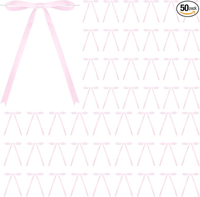 50 Pcs Satin Ribbon Bows 5x7 Inch Twist Tie Bows, Cute Pink Bow Decor for Gift Wrapping, Cake Treat Bags, Craft DIY Gift, Party Favors Wedding Decorations (Pink)