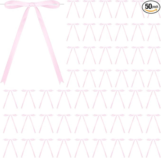 50 Pcs Satin Ribbon Bows 5x7 Inch Twist Tie Bows, Cute Pink Bow Decor for Gift Wrapping, Cake Treat Bags, Craft DIY Gift, Party Favors Wedding Decorations (Pink)