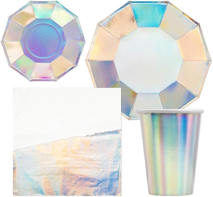 Andaz Press 50 Piece Iridescent Party Plates, Cups and Lunch Napkins Set, Bulk Tableware Set, Iridescent Party Decorations Theme Supplies, Holographic Silver Decorations Tableware Kit