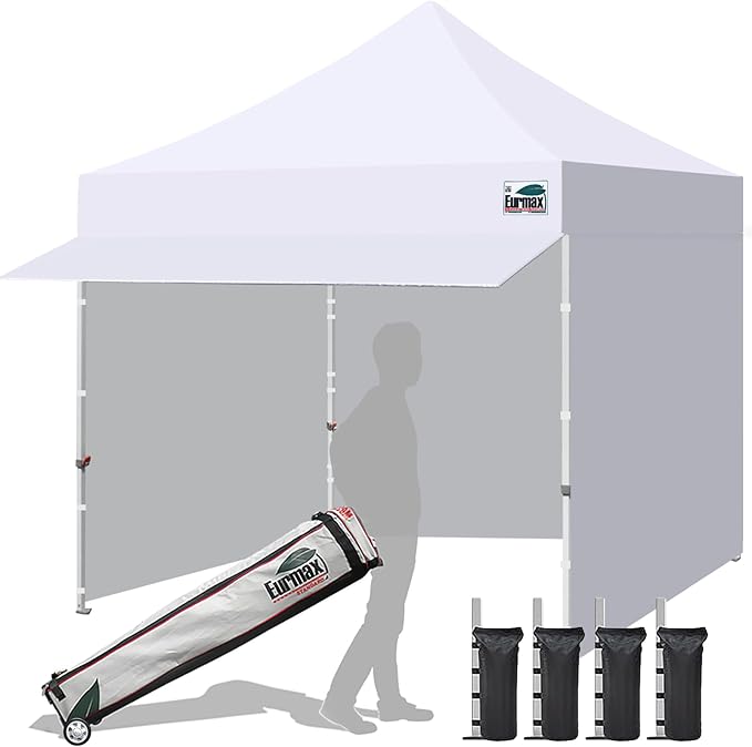 Eurmax USA 10x10 Pop Up Canopy,Commercial Tent with Patented No-Tip Rolling Bag,30sqft Extension Awning & 4 Zippered Removable Walls,UV & Water Resistant,Heavy Duty Instant Shelter Gazebo,White