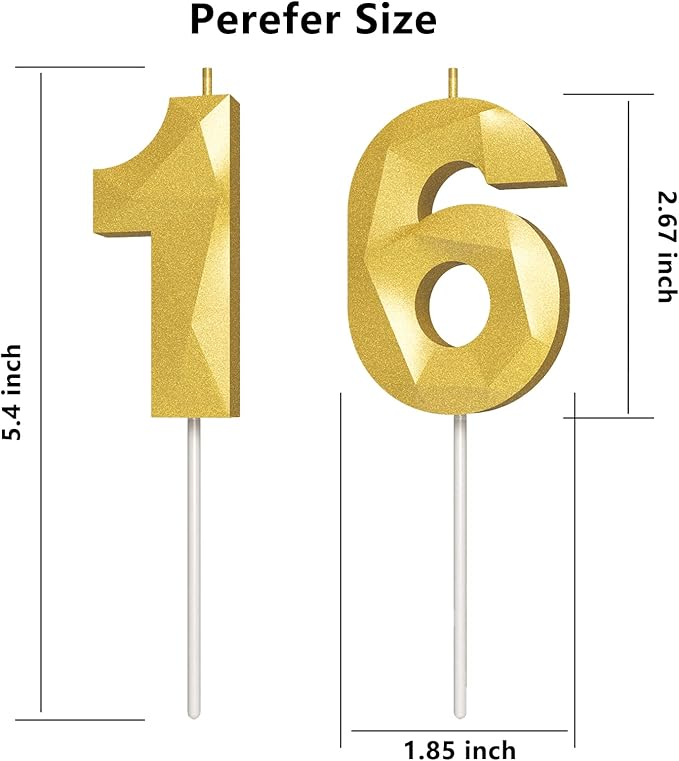 Number Birthday Candles(16 Candle Gold) 3D Diamond Shape Number Happy Birthday Cake Candles for Birthday Party Wedding Decoration Reunions Theme Party