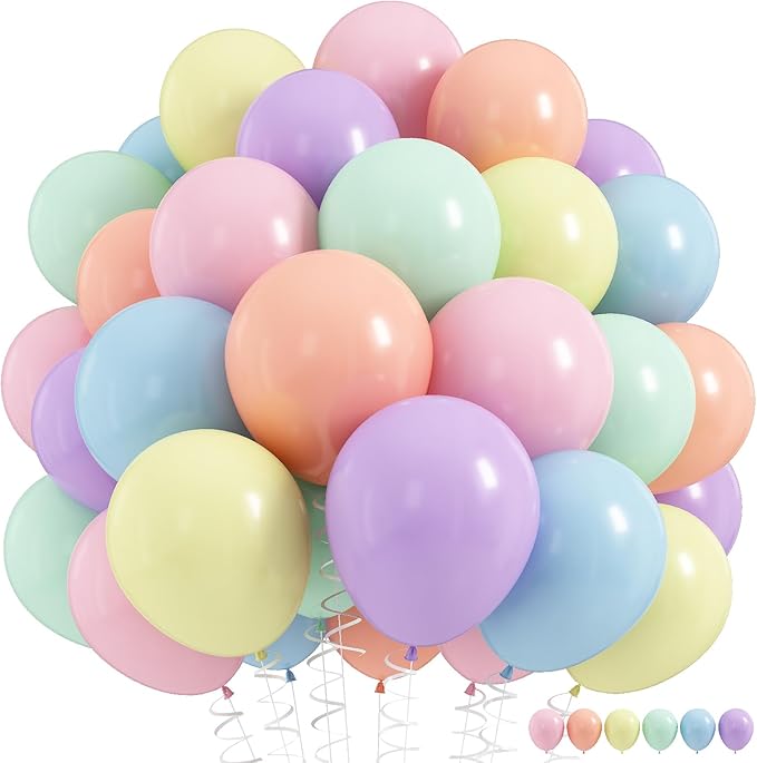 Pastel Rainbow Balloons, 60Pcs Colorful Macaron Pink Orange Yellow Green Blue Purple Balloons Birthday Decor, 12 Inch Multicolor Assorted Colors Latex Balloon for Wedding Baby Shower Party Decorations