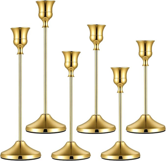 6 Pcs Gold Metal Taper Candle Holders Bulk, 9.1/7.5/6.3inch Candlestick Holders, 7cm Diameter Taper Candle Holder Bulk for Table Centerpieces Candlesticks for Ramadan Wedding Christmas Party