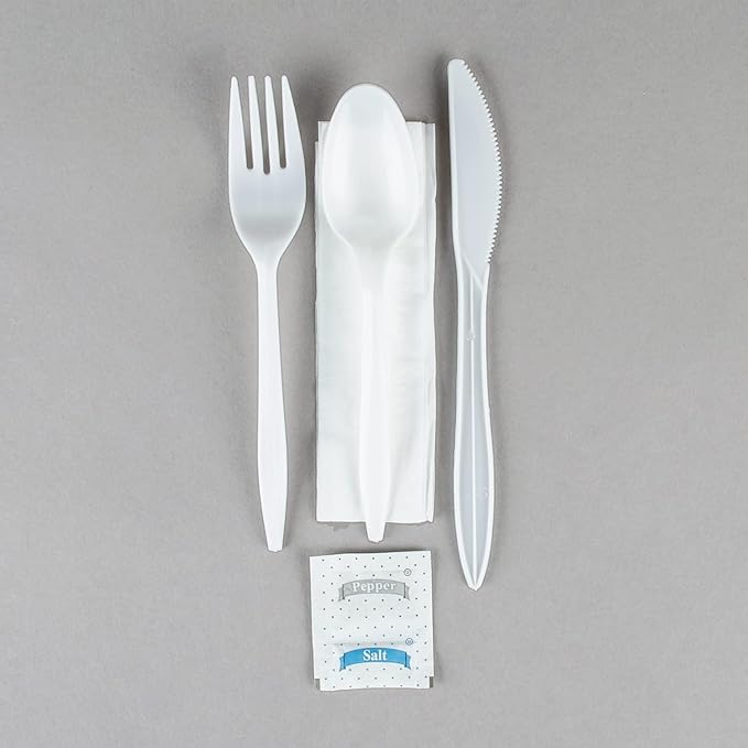 Pack Individually Wrapped Plastic Cutlery Set with Napkin, Salt and Pepper Packets Medium Weight Disposable Silverware Kits for To Go Meals Parties and Catering White, Plastic Silverware Wrapped (100)