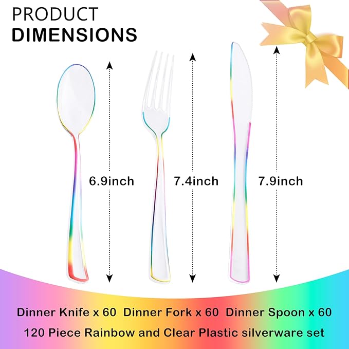 Supernal 120 PCS Clear Plastic Silverware Heavy Duty - Disposable Utensils Rainbow Colorful Silverware Set Include 40 Forks, 40 Knives and 40 Spoons for Trolls/Birthday Party, Baby Shower Decorations
