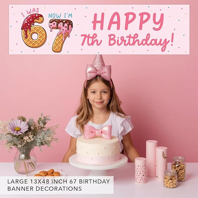 Andaz Press 13x48 Inch 6 7 Birthday Banner Decorations, I Was 6 Now I'm 7 Birthday Banner Ice Cream Theme Design 67 Happy Birthday Party Banner for Boys or Girls, Home or Party Decor Backdrop Sign