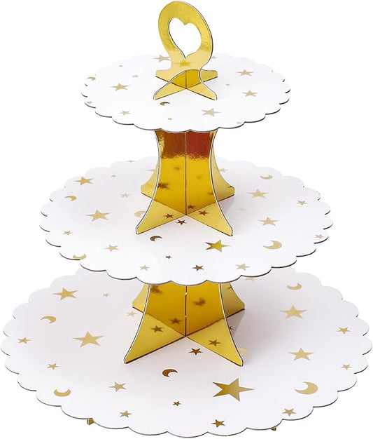 Soleebee 3-Tier Cupcake Stand, Cardboard Cupcake Tower, Dessert Cup Cake Stand Tower for Birthday Wedding Party Decoration, Cupcake Tier Stand 1 Set (Gold Moon and Star)