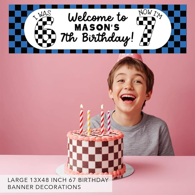 Andaz Press 13x48 Inch Custom 6 7 Birthday Banner Decorations, Personalized Birthday Banner with Custom Name, Blue Checkered Theme 67 Happy Birthday Party Banner for Boys, Home or Party Décor