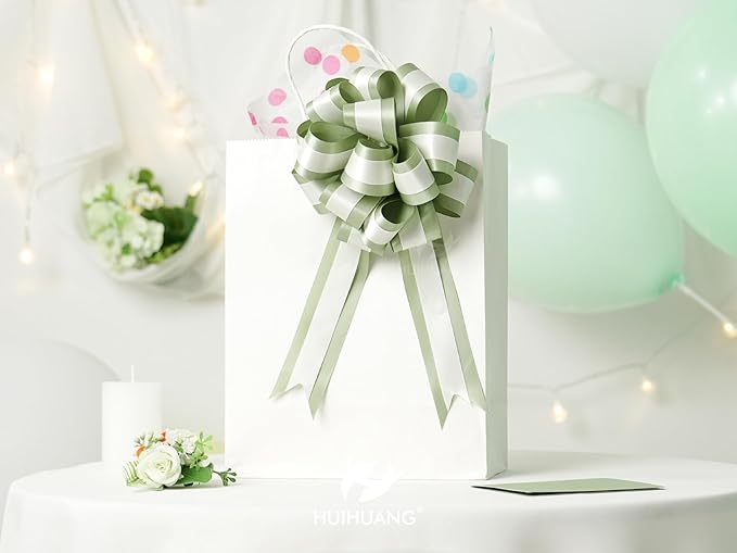 HUIHUANG Sage Green Pull Bows for Gift Wrapping 12 PCS Sage and Ivory Double Layer Satin Pull Bows 6" x 10" Gift Bow for Presents, Gift Basket, Birthday Baby Shower Wedding Party Decor