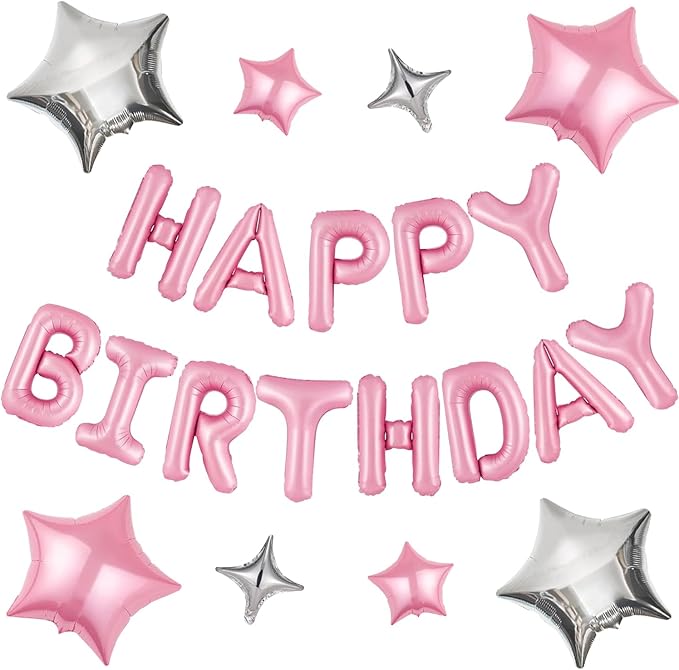CANREVEL Happy Birthday Banner 13pcs 16 Inch Mylar Foil Letters Sign with 8pcs Star Balloons Birthday Party Decorations for Kids and Adults - 3D Pink