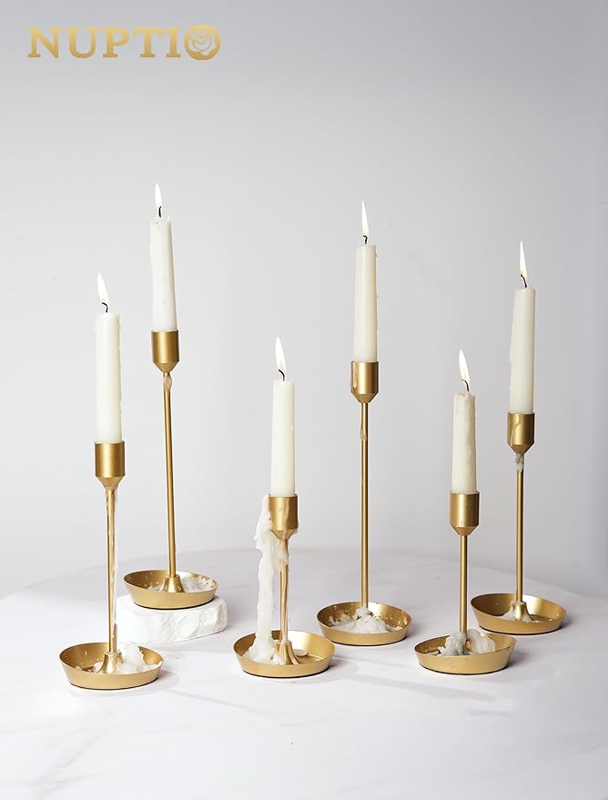 NUPTIO Taper Candle Holders for Wedding: 6 PCS Gold Matte Candles Stick Holder for Table Centerpiece - Bulk Candlestick Holders for Birthday Christmas Party Decor