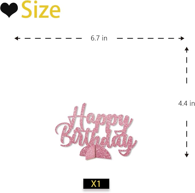 Happy Birthday Table Centerpiece, Pink Glitter Birthday Party Paper Free Standing for Women Men, HBD Script Table Centerpiece for Bday Party Supplies