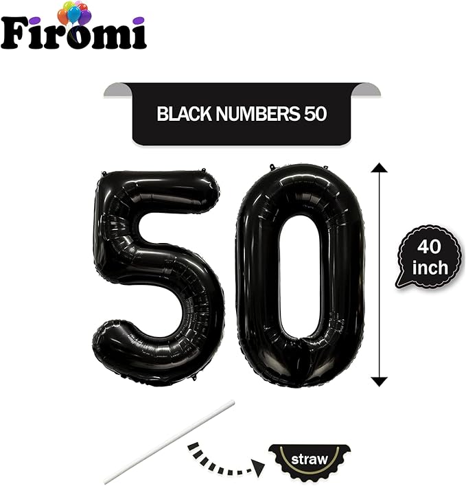 FIROMI 50 Number Balloons Black Big Giant Jumbo Mylar Foil 50 Balloon Numbers for 50th Birthday Party Anniversary Decorations 40-inches