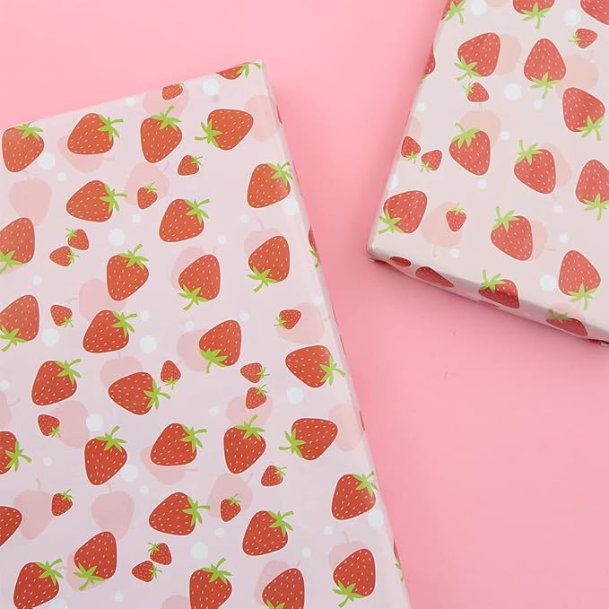 Strawberry Wrapping Paper Happy Birthday Girls Kids 6 Sheets, Cute Sweet Strawberries Fruity Design Perfect DIY Gift Wrap Pink Wraping Paper for Birthday, Holiday, Wedding, Baby Shower, Christmas,