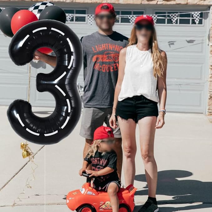TONIFUL Race Car Black Balloons Car Birthday Party Supplies,40 Inch Giant Jumbo Helium Foil Mylar Big Number 3 Digital 3 Balloons for Boy's Birthday Party Truck Race Car Theme Party Decorations