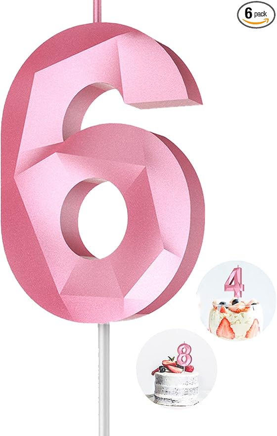 Number Birthday Candles(6 Candle Pink) 3D Diamond Shape 6th Happy Birthday Cake Topper Decorations for Girl Women Birthday Wedding Anniversary Celebration Theme Party Supplies