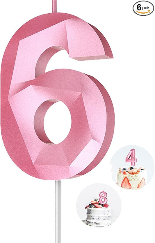 Number Birthday Candles(6 Candle Pink) 3D Diamond Shape 6th Happy Birthday Cake Topper Decorations for Girl Women Birthday Wedding Anniversary Celebration Theme Party Supplies