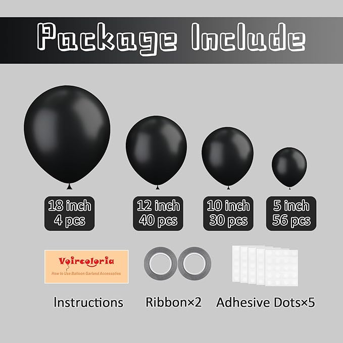 Voircoloria 130pcs Black Balloons Different Sizes 18" 12" 10" 5" Party Latex Balloons for Birthday Graduation Baby Shower Anniversary New Year Holiday Party Decorations