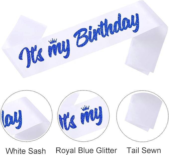 It's My Birthday Sash White with Glitter Royal Blue Letters Happy Birthday Sash for Men Boy Bday Gift Ideas Party Favors