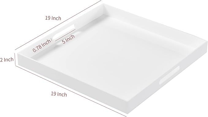Large White Acrylic Serving Tray with Handles-19x19x2H Inch Big Size Spill Proof Tray for Ottoman,Coffee Table, Breakfast, Tea, Food, Butler -Safe Edge Organizer-Decorative