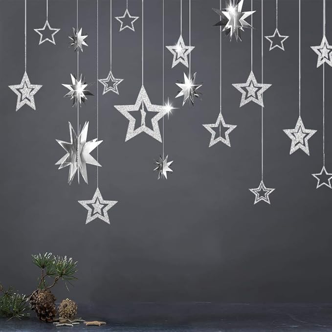 Glitter Silver Star Garlands Kit Metallic 3D Star Hanging Paper Garland Multi-shaped Twinkle Star Birthday Party supplies Wedding Baby Shower Christmas Decorations for Nursery Kids Boys Girls Room