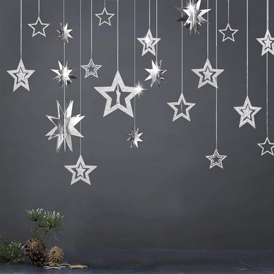 Glitter Silver Star Garlands Kit Metallic 3D Star Hanging Paper Garland Multi-shaped Twinkle Star Birthday Party supplies Wedding Baby Shower Christmas Decorations for Nursery Kids Boys Girls Room