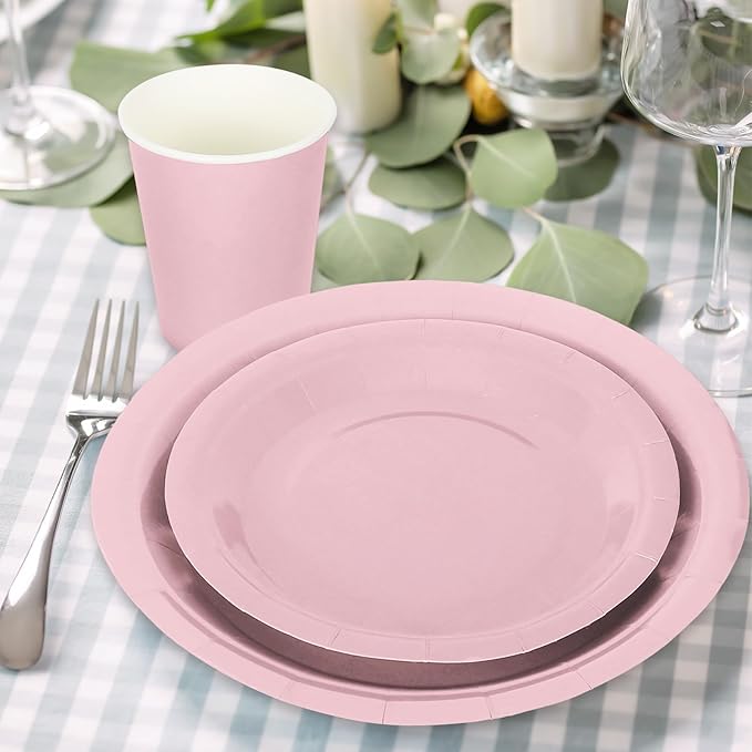 Whaline 100Pcs Dusty Pink Tableware Set Disposable Dinnerware Set 50Pcs Paper Plates 25Pcs Napkin 25Pcs Cups for Wedding Birthday Bride Shower Party Table Decor