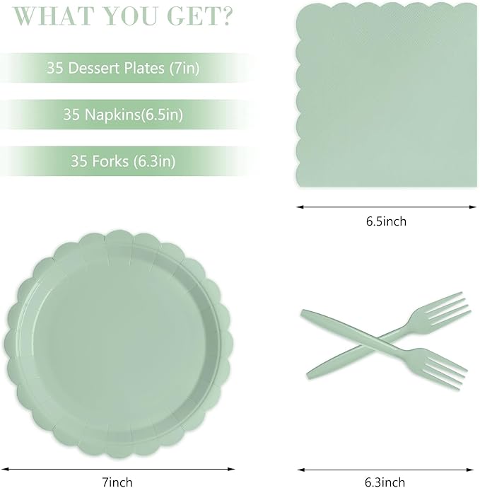 105PCS Paper Plates and Napkins Set, 7 Inch Scalloped Disposable Tableware with Forks for Birthdays, Garden Parties & Outdoor Events,Serves 35 (Sage Green)
