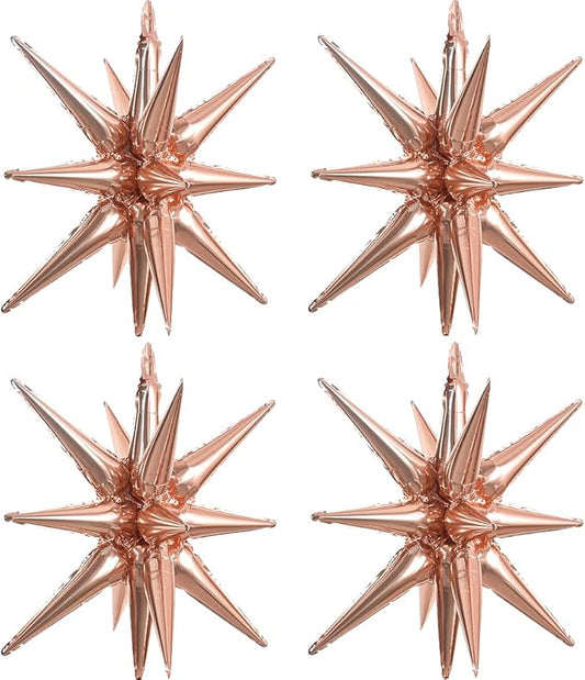 TONIFUL 4 Pcs 22inch 4D Huge Rose Gold Star Balloons Explosion Star Mylar Foil Balloons for Party Supplies Backdrop Christmas New Year Birthday Wedding Photo Booth Ornament