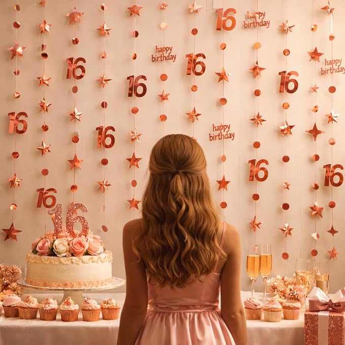 GCQQ 16th Birthday Decorations for Girls – 46FT Rose Gold Happy Birthday Number 16 Star Circle Dot Star Garland Set (14M) 4 Packs Pre-Strung Metallic Hanging Streamers for Sweet 16 Party Backdrop