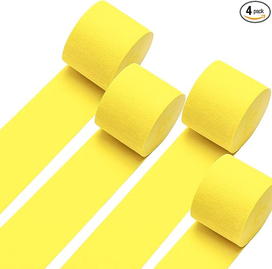 GCB Yellow Crepe Paper Streamers 4Rolls 328ft Pack of Yellow Party Streamers Crepe Paper for Birthday Party Decorations Wedding Decorations Baby Shower Engagement Anniversary Decors (1.8inx82 Ft/Roll)