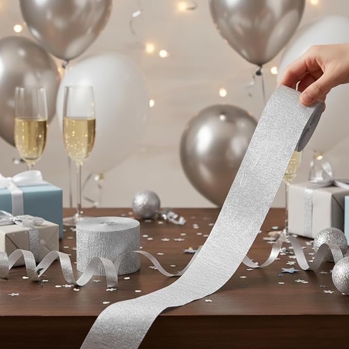Silver Streamers 4 Rolls, 328 Ft Silver Crepe Paper, Streamer Party Decorations for Birthday, Wedding, Showers (1.8 in x 82 ft/Roll)