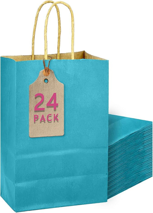 qiqee Sea Blue Gift Bag with Handles Bulk 24Pcs Paper Bags -10.6"x8.3"x4.3"Party Favor Bags - Solid Color