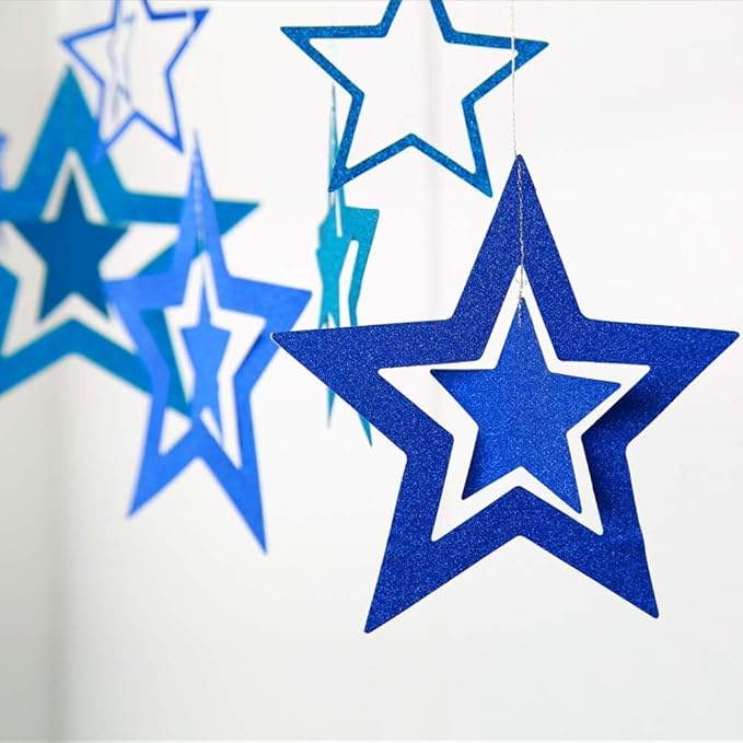 Decor365 Blue Star Garland 3D Hanging Twinkle Little Star Decorations Glittery Navy Blue Party Supplies for Baby Shower, Birthday New Year Eve Graduation Christmas Ramadan Galaxy Theme Star Decor