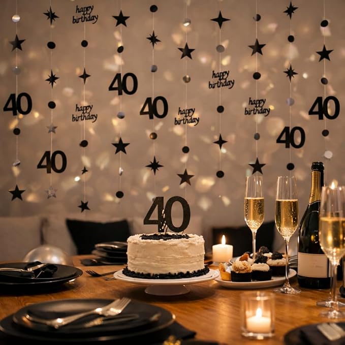GCQQ Black 40th Birthday Decorations - 14M/46FT Mirror Star Garlands with Happy Birthday Number 40 Hanging Paper Streamer Banner 4 Packs Women Mens Dirty 40 Year Old Backdrop for Him & She