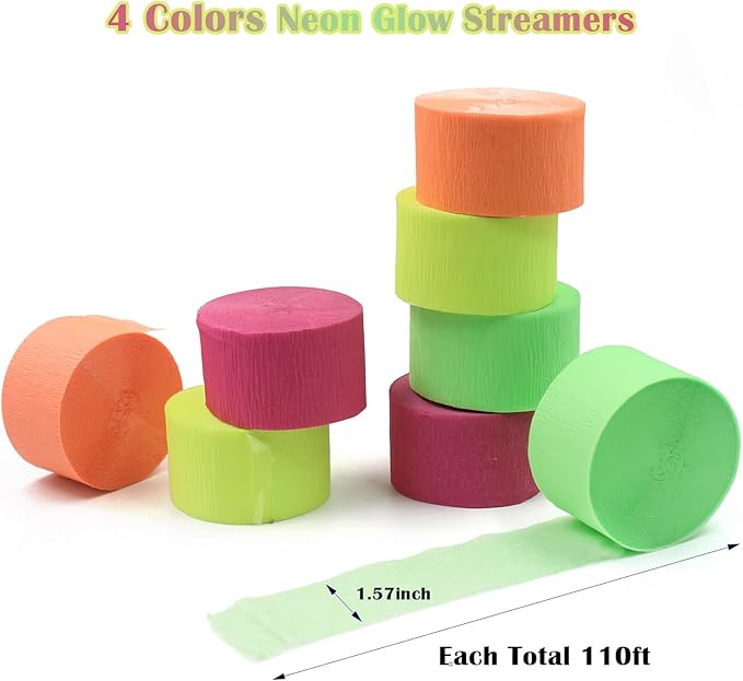 1320feet Blacklight Party Streamer Decorations 12 Rolls Glow Crepe Paper UV Reactive Fluorescent Neon Paper Streamers Glow Party Supplies and Decorations for Wedding,Birthday,Neon Party,Fiesta Party