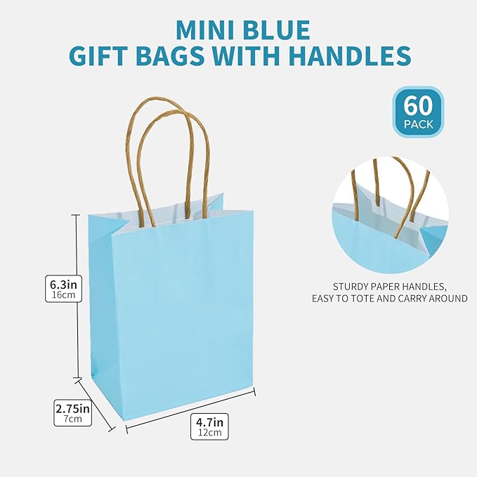 DjinnGlory 60 Pack Tiny Mini Small Blue Paper Gift Bags with Handles 6.3 x 4.7 x 2.75 Inch for Birthday Wedding Baby Shower Party Favors Goodies, Business Merchandise Shopping Kraft Bags