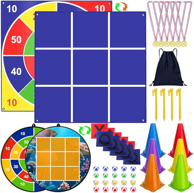Outdoor Giant Tic Tac Toe Games, 4.5FT x 4.5FT Double-Sided, 26" Dart Board with Sticky Balls, Soft Plastic Cones Ring Toss Game Set for Kids Adults Family Outside Carnival Lawn Yard Party Games