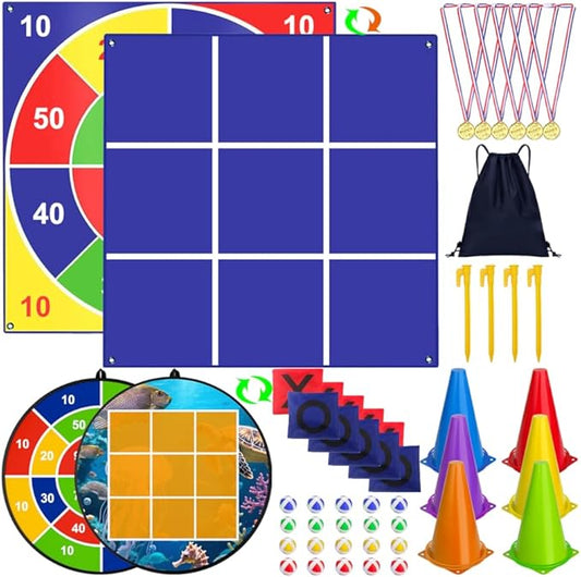 Outdoor Giant Tic Tac Toe Games, 4.5FT x 4.5FT Double-Sided, 26" Dart Board with Sticky Balls, Soft Plastic Cones Ring Toss Game Set for Kids Adults Family Outside Carnival Lawn Yard Party Games
