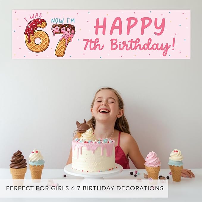 Andaz Press 13x48 Inch 6 7 Birthday Banner Decorations, I Was 6 Now I'm 7 Birthday Banner Ice Cream Theme Design 67 Happy Birthday Party Banner for Boys or Girls, Home or Party Decor Backdrop Sign