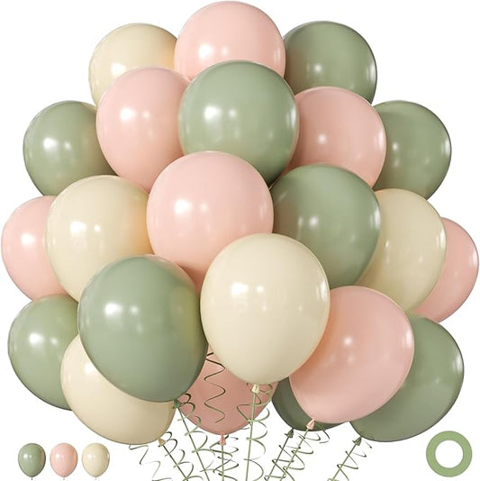 Sage Green Pink White Balloons, 60Pcs 12 Inch Pink and Green Balloons Include Sage Green Peach Ivory White balloons for Weding Baby Shower Gender Reveal Wildflower Birthday Decorations