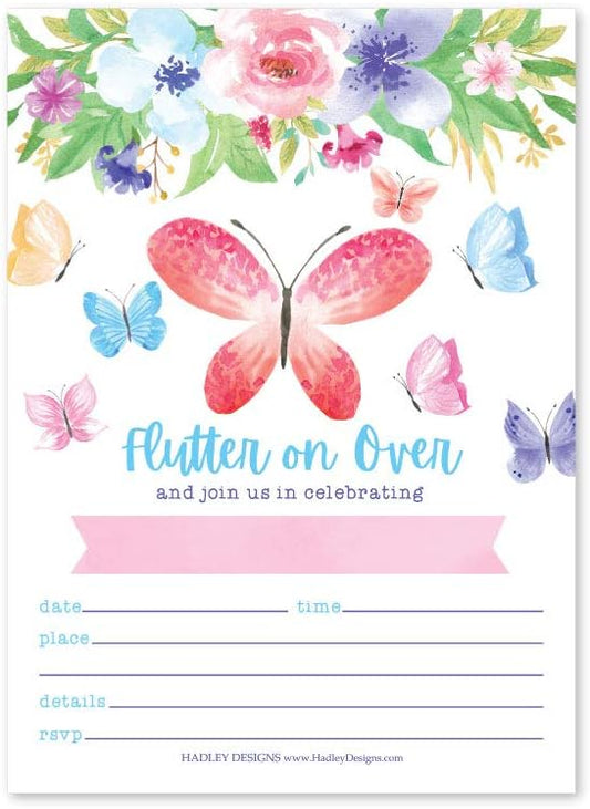 Hadley Designs Kids Birthday Invitations Girl Butterfly Theme - 25 Butterfly Birthday Party Invitations For Girls, Flutter on Over Invites For Girls, Cute Party Supplies, Made in USA