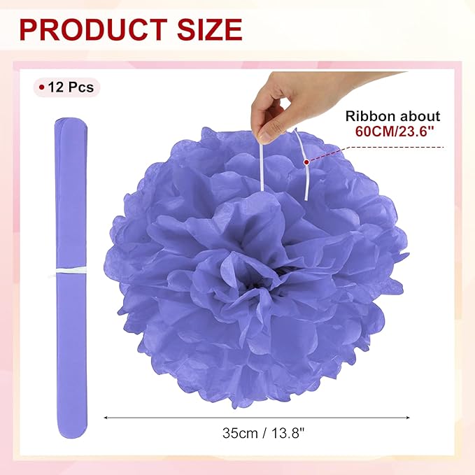 PATIKIL 14inch Tissue Paper Pom Poms, 12PCS Pom Poms Paper Flowers Ball Tissue Paper Flowers for Wedding Bridal Shower Birthday Bachelorette Party Backdrop Decoration, Purple