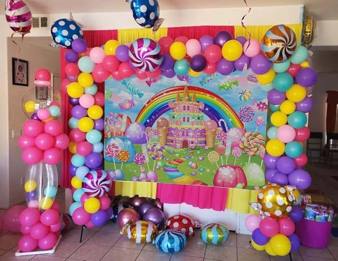 Mocsicka Sweet Candyland Backdrop Lollipop Sweetest Candy Theme Birthday Party Decoration for Girl Candy Ice Cream Castle Rainbow Party Banner Sweetest Day Wall Decorations(72''x48'')