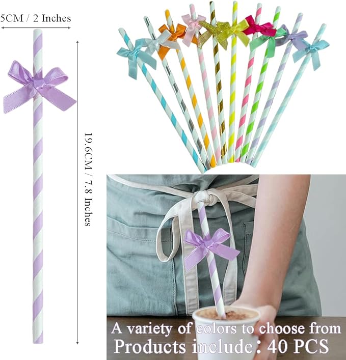 Ouliget Butterfly Stripe Paper Straws,Butterfly Ribbon Decor Disposable Party Drinking Straws, Decoration Supplies Set for Valentine's Day, Brithday, New Year, Party,40 Pieces (Golden)