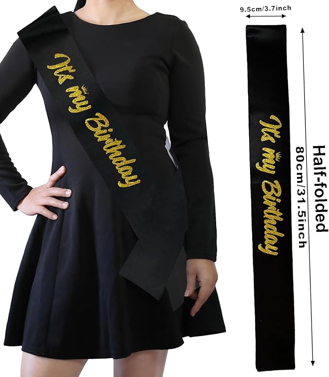It's My Birthday Sash Black with Glitter Gold Letters Happy Birthday Sash for Men Boy Bday Gift Ideas Party Favors